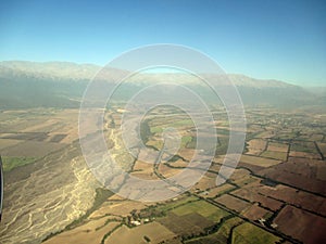 Beautiful aerial view of mountains river and fields in Salta Argentina South America Andes mountains