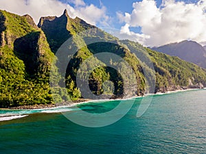 Beautiful aerial view of the Na Pali island in Kauai, Hawaii on a cloudy day background