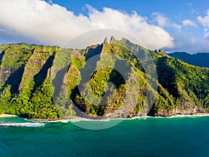 Beautiful aerial view of the Na Pali island in Kauai, Hawaii on a cloudy day background