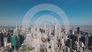 Beautiful aerial view of New York City with skyscrapers of Manhattan and Hudson River.