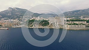 Beautiful Aerial View Of The Oceanographic Museum of Monaco, Monaco-Ville, French landscape panorama of Monaco from above, Europe.