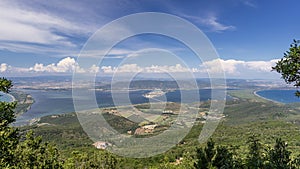 Beautiful aerial view of Orbetello and the Lagoon from the summit of Monte Argentario, Grosseto, Italy