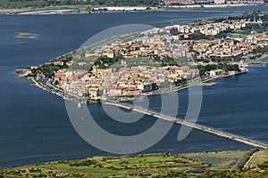 Beautiful aerial view of Orbetello and the Lagoon from the summit of Monte Argentario, Grosseto, Italy