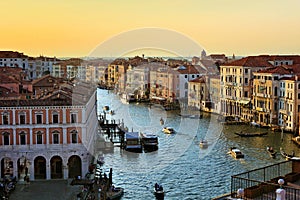 Aerial view of the Grand Canal at sunset, Venice, Italy