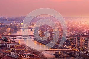 Beautiful aerial view panorama Verona bridge over river sunset, Veneto region, Italy