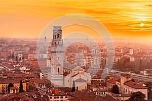 Beautiful aerial view panorama Verona sunset from Castel San Pietro, Veneto region, Italy