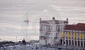 Beautiful aerial view of the Praca do Comercio Commerce Square and Tejo river at sunset time. Lisbon
