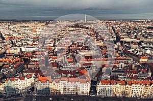 Beautiful aerial view of Prague city in Czech republic - historical part and old town in autumn time - taken by drone. Cityscape