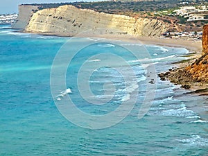 Beautiful aerial view of Praia da Mos with blue Atlantic ocean