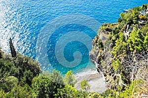 Beautiful aerial view of quiet beach in Positano, Amalfi coast, Campania