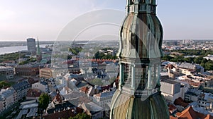 Beautiful aerial view of Riga city, the capital of Latvia. Aerial view of the St. Peter's Church