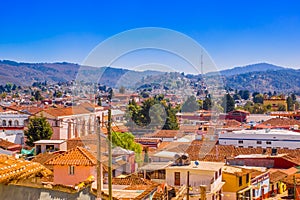 Beautiful aerial view of the rooftops of the old colonial buildings in the city of san cristobal de las Casas, during a