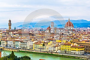 Beautiful aerial view of Santa Maria del Fiore and Palazzo Vecchio in Florence, Italy...IMAGE