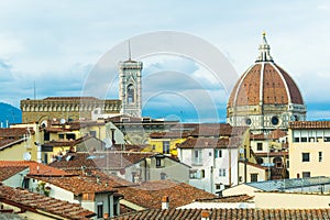 Beautiful aerial view of Santa Maria del Fiore and Palazzo Vecchio from uffizi gallery in Florence, Italy...IMAGE