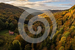 Beautiful aerial view of slovakian landscape in autumn. Mountain range Vtacnik.