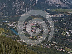 Beautiful aerial view of small town Banff in Banff National Park, Canada in the Rocky Mountains in autumn.