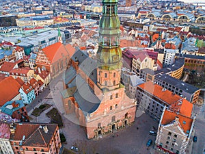 Beautiful aerial view of the St. Peters Cathedral in an old town of Riga, Latvia
