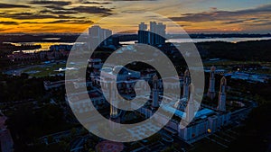 Beautiful aerial view sunrise at The Kota Iskandar Mosque located at Kota Iskandar, Iskandar Puteri, a Johor State