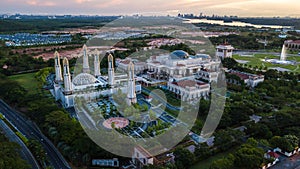 Beautiful aerial view sunrise at The Kota Iskandar Mosque located at Kota Iskandar, Iskandar Puteri, a Johor State