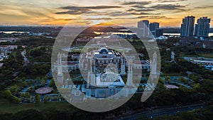 Beautiful aerial view sunrise at The Kota Iskandar Mosque located at Kota Iskandar, Iskandar Puteri, a Johor State