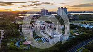 Beautiful aerial view sunrise at The Kota Iskandar Mosque located at Kota Iskandar, Iskandar Puteri, a Johor State