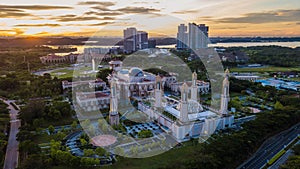 Beautiful aerial view sunrise at The Kota Iskandar Mosque located at Kota Iskandar, Iskandar Puteri, a Johor State