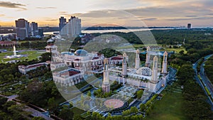 Beautiful aerial view sunrise at The Kota Iskandar Mosque located at Kota Iskandar, Iskandar Puteri, a Johor State