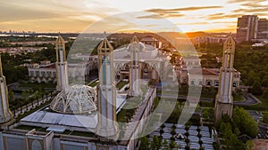 Beautiful aerial view sunrise at The Kota Iskandar Mosque located at Kota Iskandar, Iskandar Puteri, a Johor State