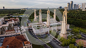 Beautiful aerial view sunrise at The Kota Iskandar Mosque located at Kota Iskandar, Iskandar Puteri, a Johor State