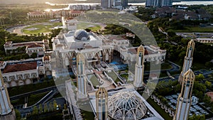 Beautiful aerial view sunrise at The Kota Iskandar Mosque located at Kota Iskandar, Iskandar Puteri, a Johor State