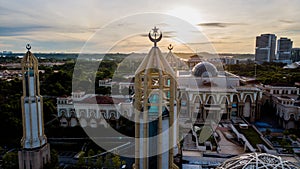 Beautiful aerial view sunrise at The Kota Iskandar Mosque located at Kota Iskandar, Iskandar Puteri, a Johor State