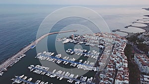 Beautiful aerial view of sunset over Puerto Banus Bay, Marbella , Spain