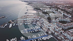 Beautiful aerial view of sunset over Puerto Banus Bay, Marbella , Spain