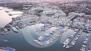 Beautiful aerial view of sunset over Puerto Banus Bay, Marbella , Spain