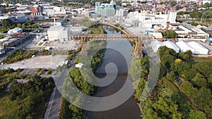 Beautiful aerial view of the transporter bridge over the river Mersey in Warrington