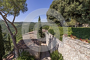 Beautiful aerial view of a typical Tuscan village of Chianti, with stone houses, Tuscany, Italy