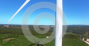 Beautiful aerial view of windmills on the green field, Portugal