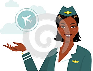 Beautiful african american ethnic stewardess in flat style