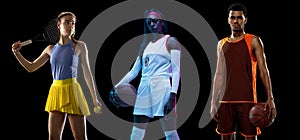 Beautiful african-american female basketball player in neon light on blue background. Concept of healthy lifestyle