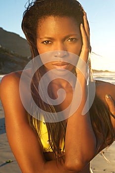 Beautiful african american female fashion model in bikini