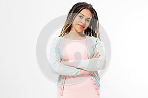 Beautiful african american girl with afro hairstyle smiling isolated on white background. Fashion outfit clothes. Copy space