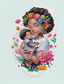 Beautiful African American mother with her baby in a wreath of flowers