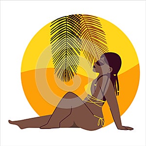 Beautiful african american plus size model tans in yellow bikini. Vector flat illustration isolated on white background.