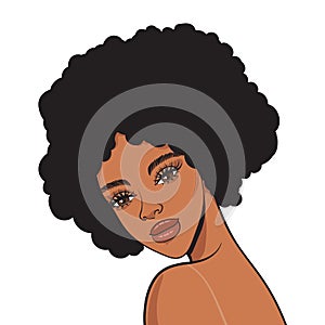 Beautiful african american woman face with afro hair in pop art comics style isolated on white background. Fashion and natural bea