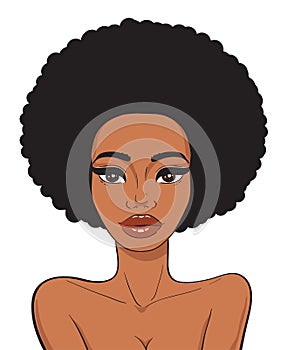 Beautiful african american woman face with afro hair in pop art comics style isolated on white