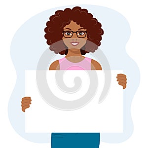 Beautiful african american woman in glasses holding a blank sign, billboard. Flat style illustration