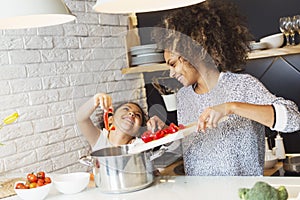 Beautiful African American woman and her daughter cooking