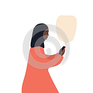 Beautiful african-american woman in a hijab with a smartphone, flat vector illustration on white background