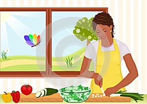 Beautiful African American woman preparing salad