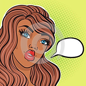 Beautiful african american woman thinking face in pop art comic retro style with empty speech bubble, vector illustration